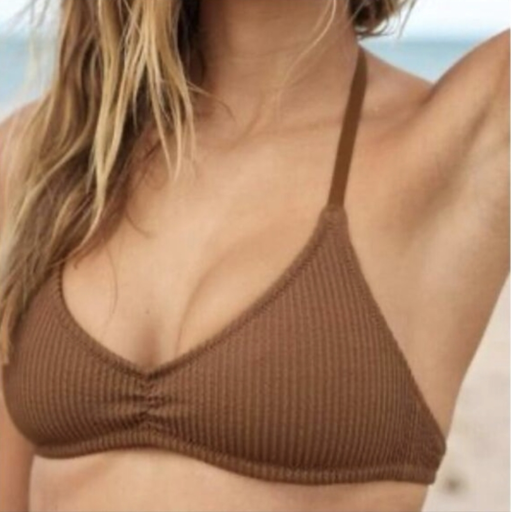 aerie Ribbed Triangle Bikini Top in Brown